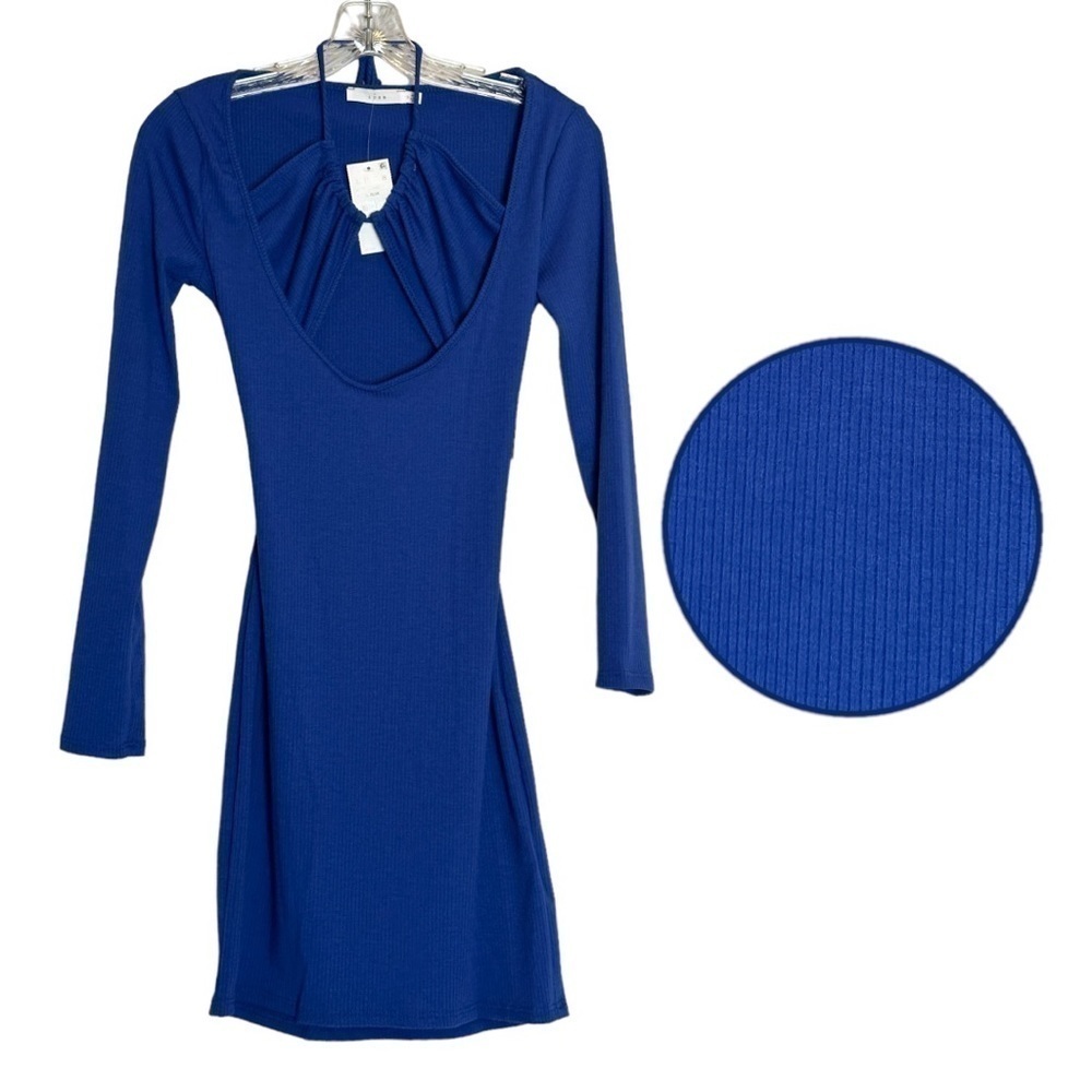 Lush Ribbed Knit Royal Blue Cutout Tie Neck Bodycon Dress Size S NWT